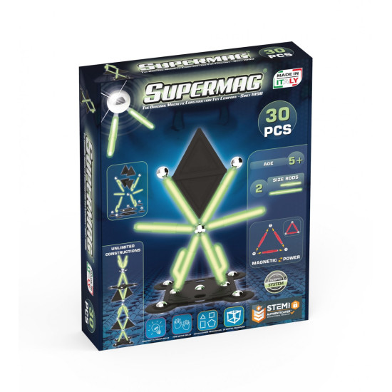 Set de constructie magnetic Supermag Projects Glow, 30 piese